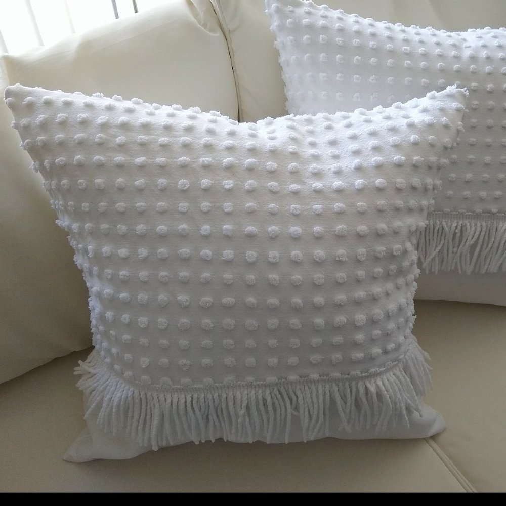 VINTAGE Snowy White Chenille Fringe Pillow Covers